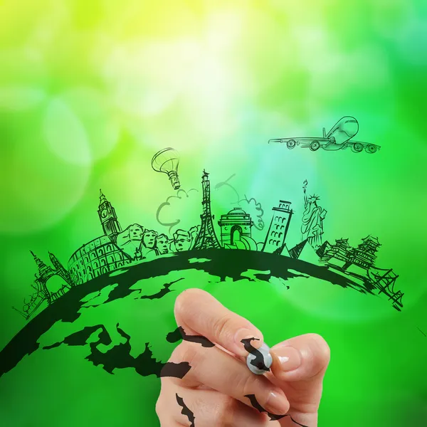 Hand drawn traveling around the world on green nature background — Stock Photo, Image