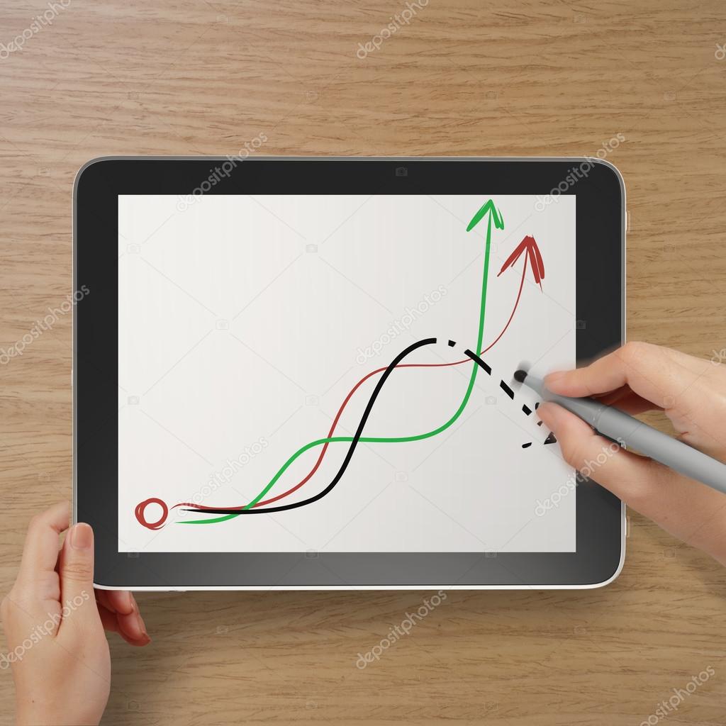 hand with stylus and eraser deleting falling graph business as c
