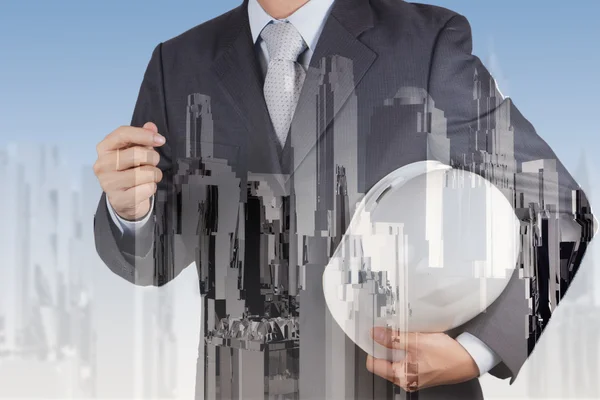 Double exposure of business engineer and abstract city — Stock Photo, Image