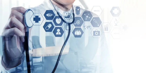 Double exposure of smart medical doctor working with operating r — Stock Photo, Image