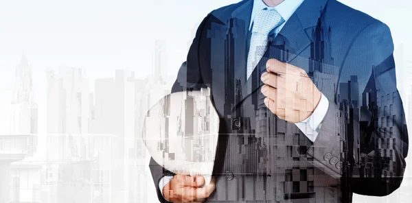 Double exposure of business engineer and abstract city as concep — Stock Photo, Image