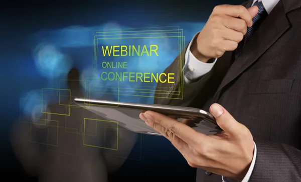 Business man hand show webinar conferência online como conceito — Fotografia de Stock