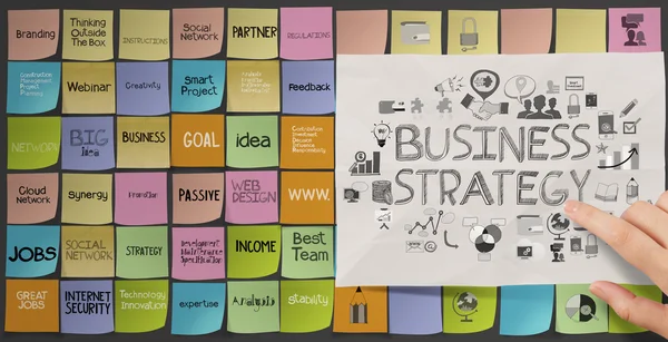 Bisnis tangan mendorong ikon strategi bisnis pada catatan lengket sebagai — Stok Foto