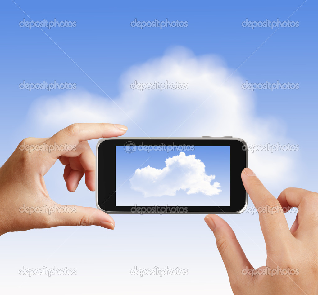 Smart hand using touch screen phone take photo of cloud icon as 