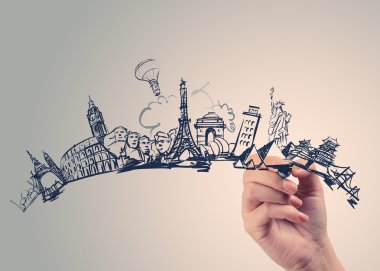 ahşap arka plan olarak co üzerinde dünyayı dolaşarak elle çizilmiş