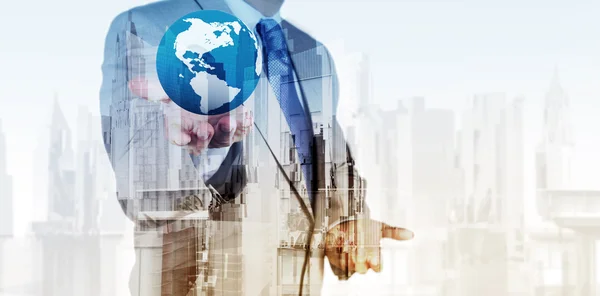 Double exposure of business engineer holding the earth and abstr — Stock Photo, Image