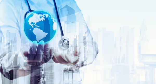 Double exposure of smart medical doctor holding the world with a — Stock Photo, Image