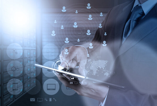 businessman hand press play button sign to start or initiate pro