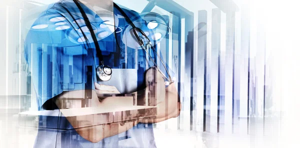 Double exposure of smart medical doctor working with abstract ci — Stock Photo, Image