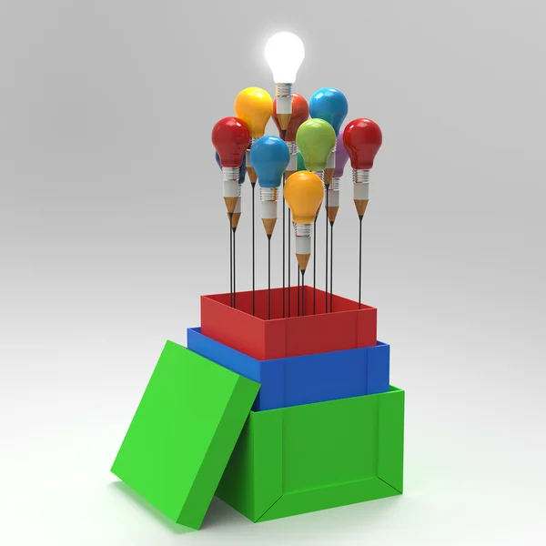 3d лампочка для олівців, як думати за межами коробки та лідерства — стокове фото