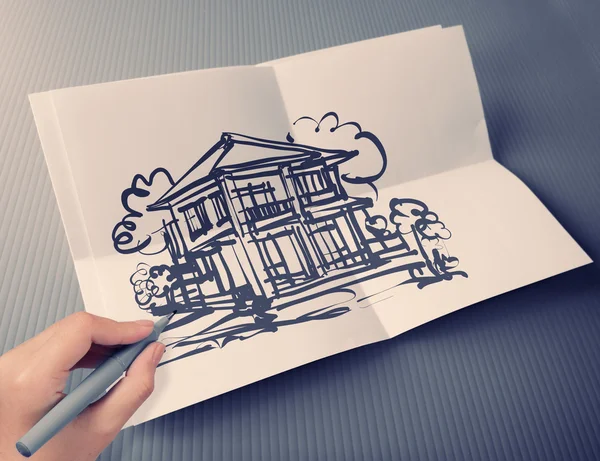 Hand drawing house on white folding paper background vintage sty — Stock Photo, Image