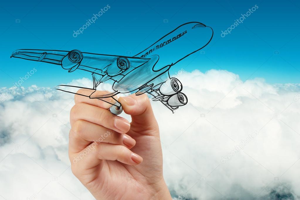 hand drawing airplane on blue sky background