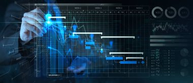 Businessman hand Project manager working and update tasks with milestones progress planning and Gantt chart scheduling virtual diagram.   clipart