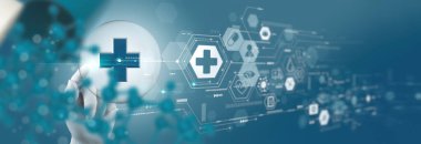 Modern bilgisayar kullanılarak doktor eli, hastaların sanal elektronik tıbbi kayıtlarını arayüzde tanımladı. Modern sanal ekranda dijital sağlık ve ağ, 3D dünya tıbbi teknolojisi ve gelecekteki konsept.