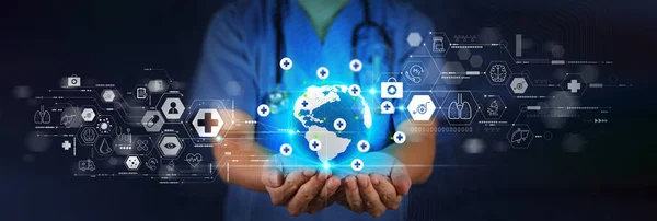 Medicine Doctor Hand Working Modern Computer Virtual Dashboard Medical Network — Stockfoto