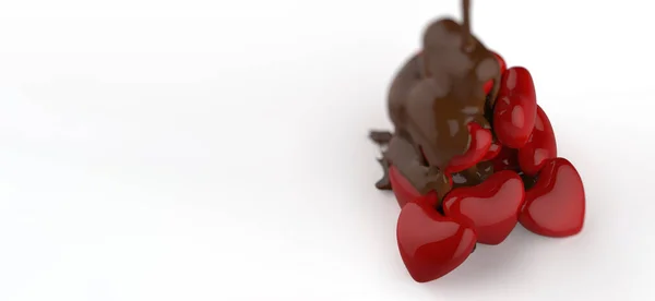 Render Chocolate Syrup Leaking Melting Red Heart Shape Symbol White — Stock Photo, Image