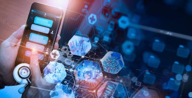 Akıllı telefon dijital tıbbi ikonlar için sohbet botu, tıbbi bakım insanları, acil servis ağı, hasta sağlığı doktor verileri, Teletıp Tıbbi Sağlık Konsepti