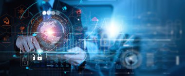 Siber güvenlik ve veri koruması İş zekası, iş adamı ve digtal tablet küresel ağ bağlantısı, veri alışverişi, dijital teknoloji, veri bilimi ve dijital pazarlama, küresel iş yatırımları.