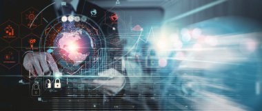 Siber güvenlik ve veri koruması İş zekası, iş adamı ve digtal tablet küresel ağ bağlantısı, veri alışverişi, dijital teknoloji, veri bilimi ve dijital pazarlama, küresel iş yatırımları.