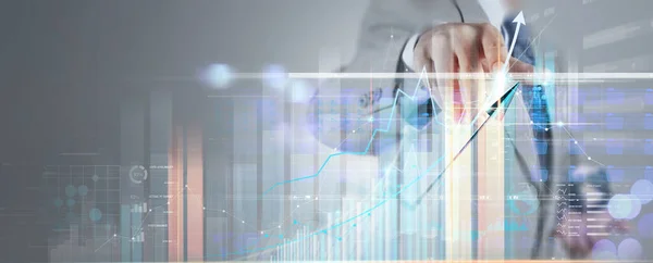Businessman Working Modern Computer Virtual Dashboard Analyzing Innovation Finance Sales — Stock Photo, Image