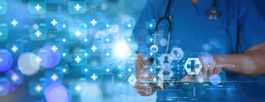 Medical doctor hand holding digital tablet Chatbot conversation app interface and artificial intelligence technology processing virtual assistant with customer support information.