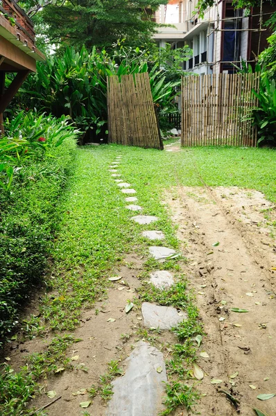 Gehweg und Bambuszaun im Garten, — Stockfoto