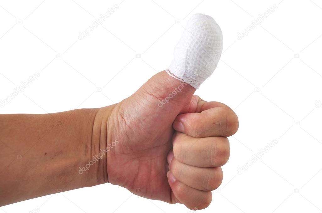Man thumb bandage from accident