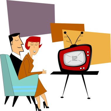 50s couple watching television clipart