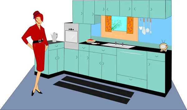 Retro lady i köket — Stock vektor