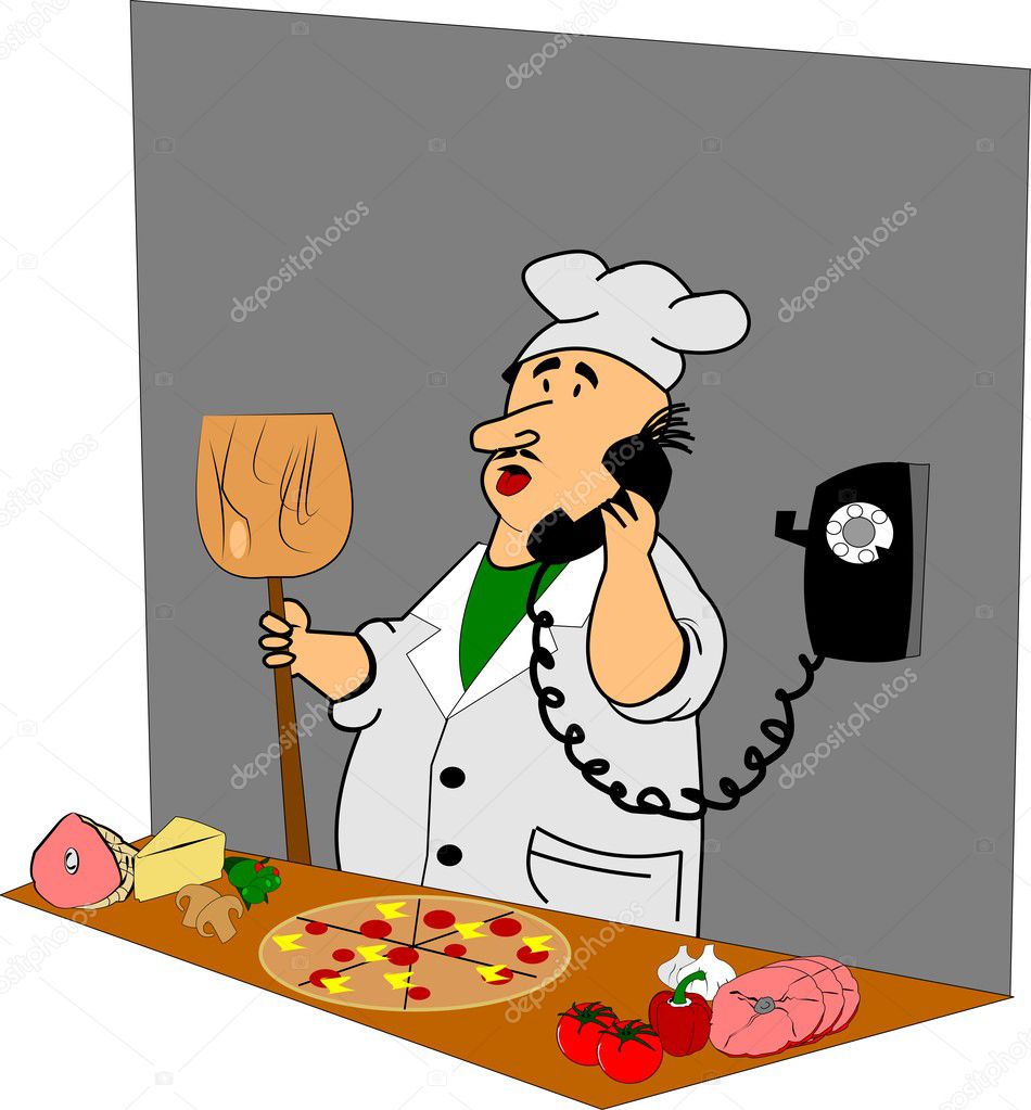 Pizza chef on phone