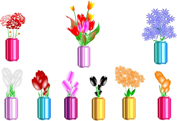 Vector illustration - assorted flowers in vases — Stock Vector