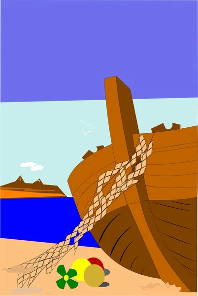 Fishing boat on shore — Stock Vector