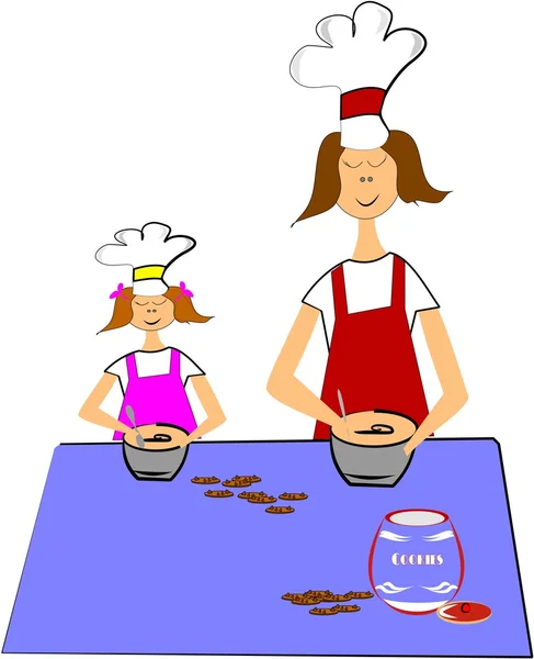 Vector illustration - mom and daughter baking choclate chip cookies — Stock Vector