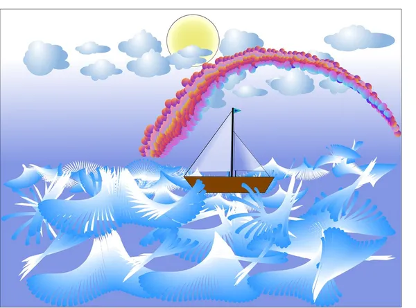 Ilustración vectorial - velero en el océano con arco iris en 3d ilustración en blanco — Vector de stock