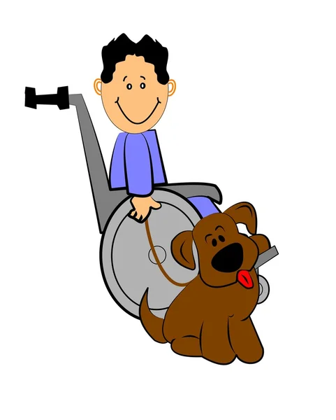 Niño en silla de ruedas con su perro — Vector de stock