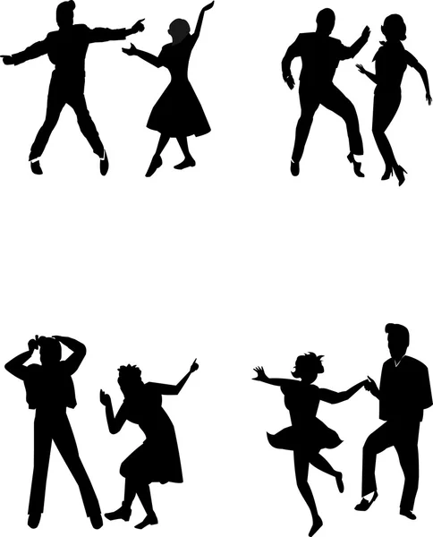 Ados danseurs à partir des années cinquante en silhouette — Image vectorielle