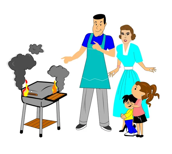 Retro-Familie beim Grillen — Stockvektor