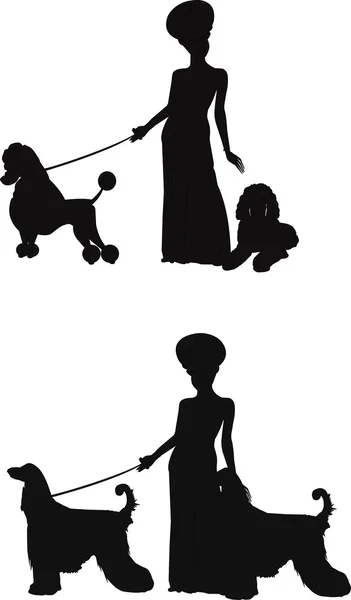 Diva met haar honden in silhouet — Stockvector