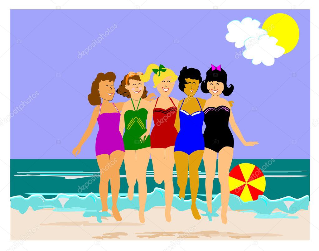 5 retro ladies on the beach concept
