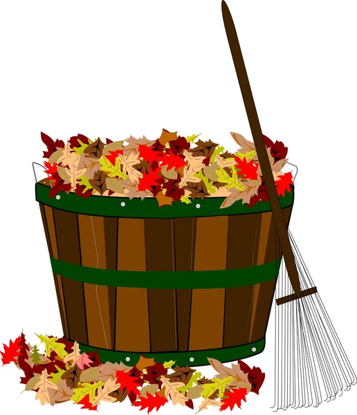 Pile of leaves in basket with rake — Stock Photo, Image
