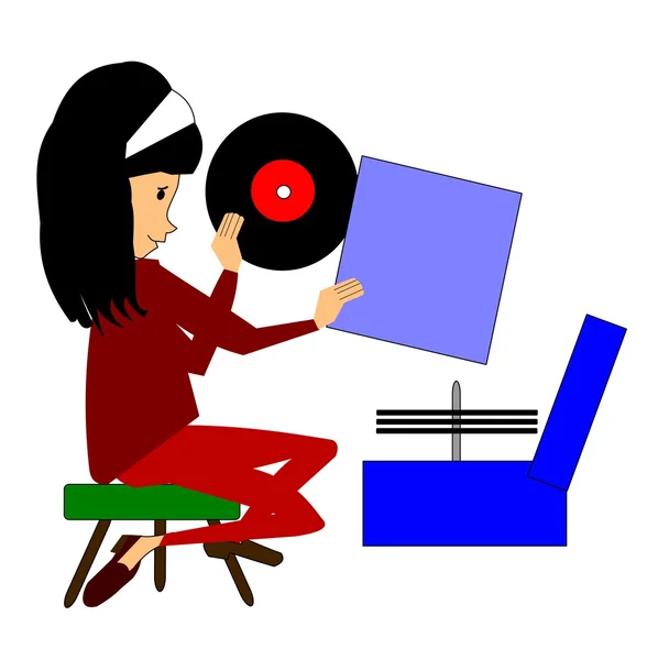 Young girl playing records and singing in her room — Stock Vector