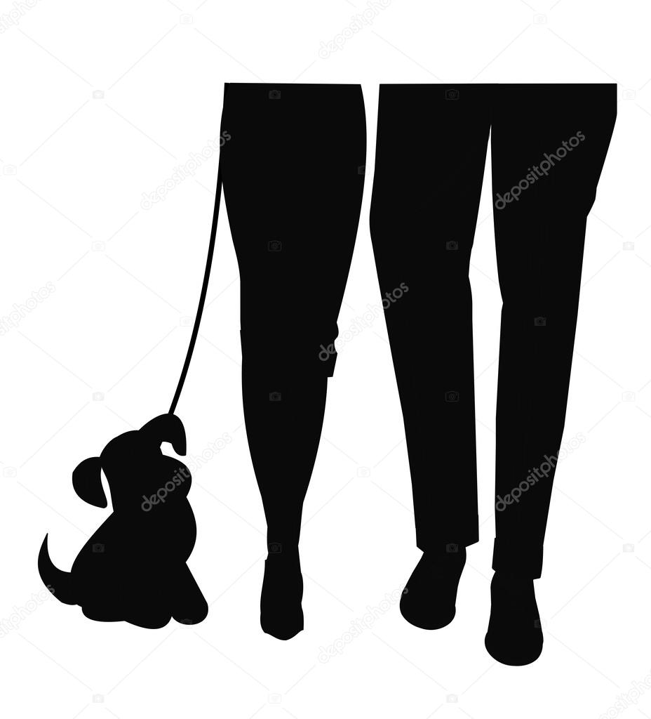 Mann und Frau gehen Hund in Silhouette lizenzfreie