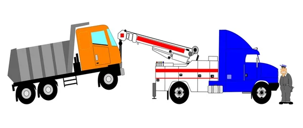 Heavy duty tow truck towing dump truck with driver — Stock Vector