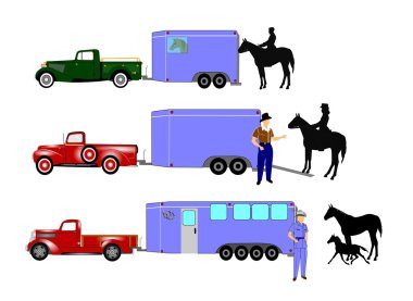 Horse trailer and horses with cowboys and trucks