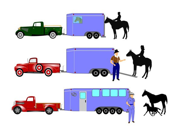 Horse trailer and horses with cowboys and trucks