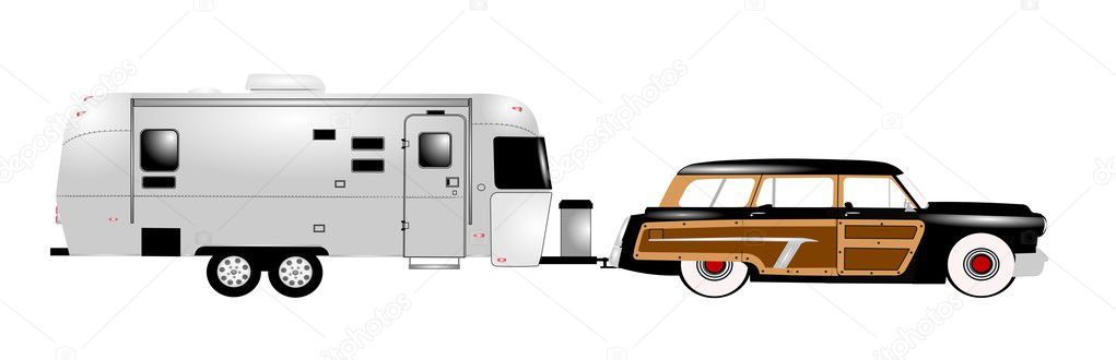 Retro rv with woody station wagon — Stock Illustration Retro rv with woody station wagon Vector Graphics