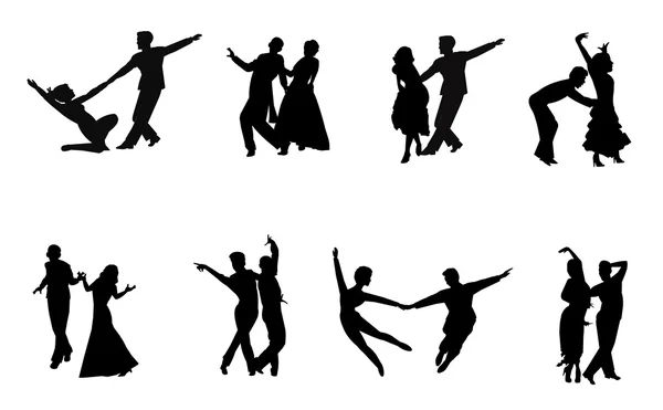 Parejas de baile en silueta — Vector de stock