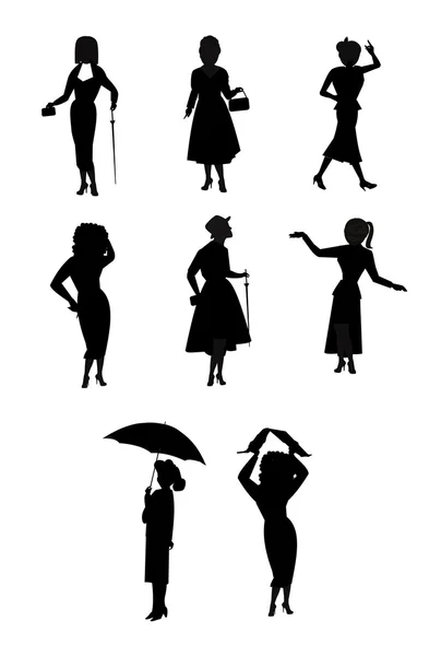 Femmes sous la pluie silhouettes liées — Image vectorielle
