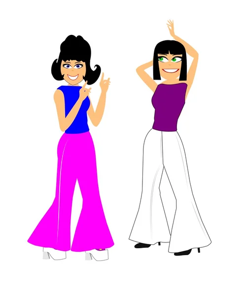 Chicas bailando en pantalones inferiores de campana — Vector de stock