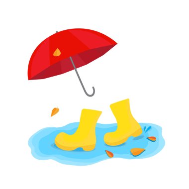 Sarı lastik botlar giyen görünmez adam sonbahar su birikintisinde kırmızı şemsiyeyle yürüyor. Sonbahar konsepti